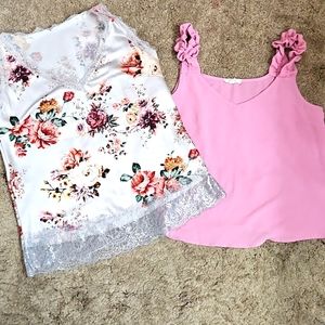 Bundle of 2 Tank Top Pink Ruffle Tank and Floral Lace Trim Top Size M